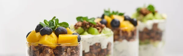 Selective focus of fresh granola with kiwi and canned peach with blueberries isolated on white, panoramic shot — Stock Photo