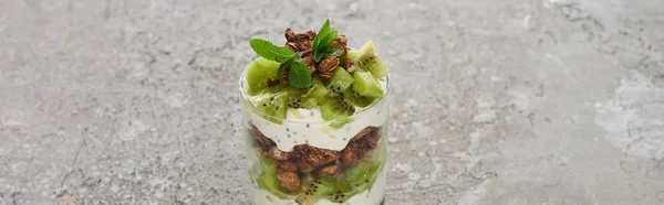 Muesli freschi con kiwi e yogurt in vetro su cemento grigio, colpo panoramico — Foto stock