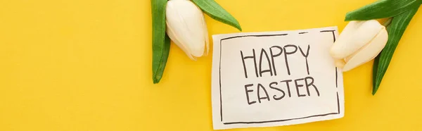 Top view of greeting card with happy Easter lettering and tulips on yellow colorful background, panoramic shot — Stock Photo