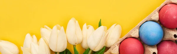 Vista superior de tulipas e ovos de Páscoa pintados multicoloridos em recipiente de papelão sobre fundo amarelo colorido, tiro panorâmico — Fotografia de Stock