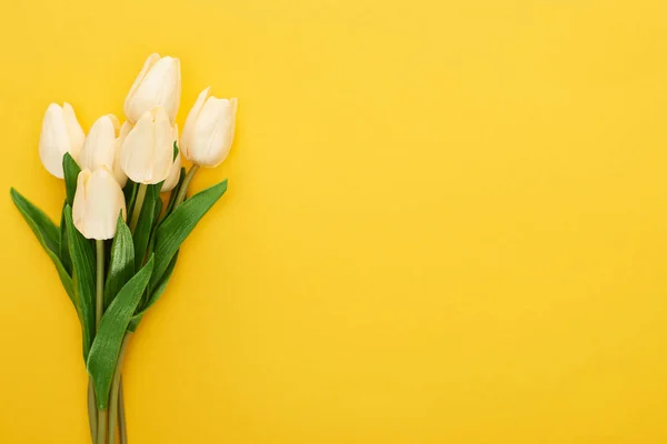 Верхний вид весенних тюльпанов на красочном желтом фоне — стоковое фото