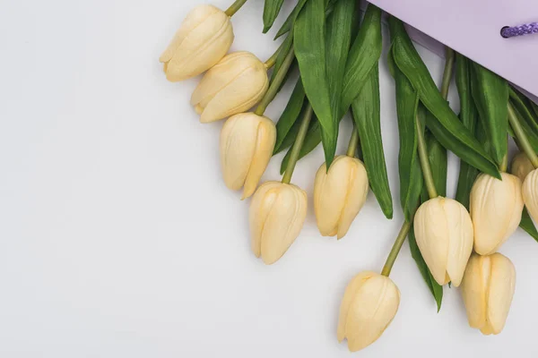Ansicht von Tulpen in violetter Einkaufstasche isoliert auf weiß — Stockfoto
