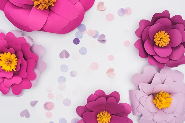 Top view of paper cut pink and violet flowers near confetti isolated on white — Stock Photo