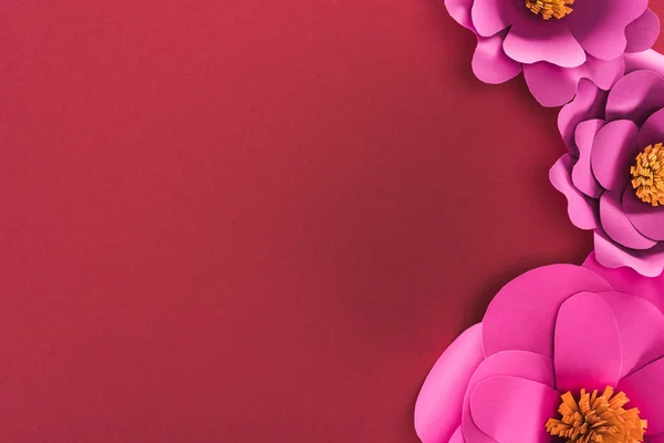 Draufsicht auf Papier rosa Papierblumen isoliert auf rot — Stockfoto