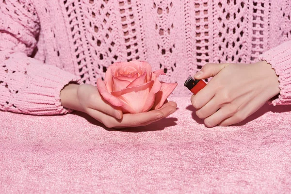 Cropped view of woman in sweater holding rose flower and lighter on pink velour cloth, girlish concept — Stock Photo