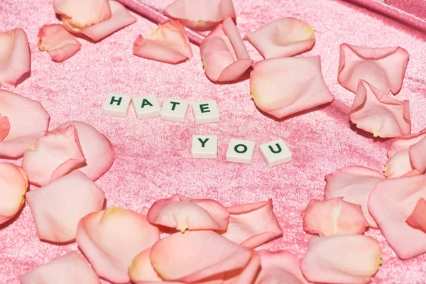 Pétalos de rosa dispersos cerca de odio que las letras en tela de terciopelo rosa, concepto femenino - foto de stock
