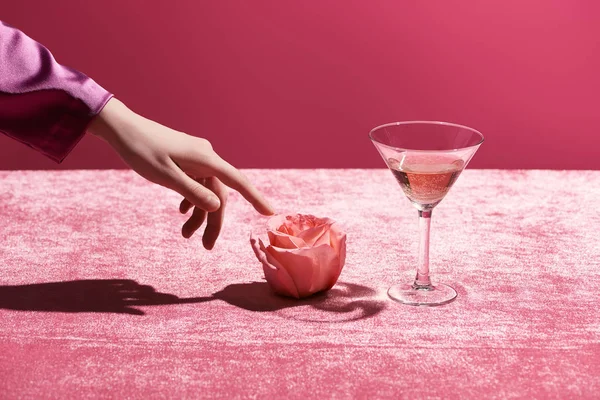 Vista recortada de la mujer tocando rosa cerca de vidrio con bebida en tela de terciopelo aislado en rosa, concepto femenino - foto de stock