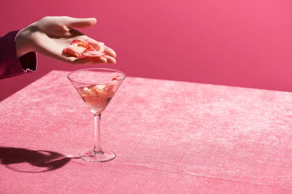 Vue recadrée d'une femme tenant des pétales au-dessus du verre sur un tissu de velours isolé sur un concept rose et féminin — Photo de stock