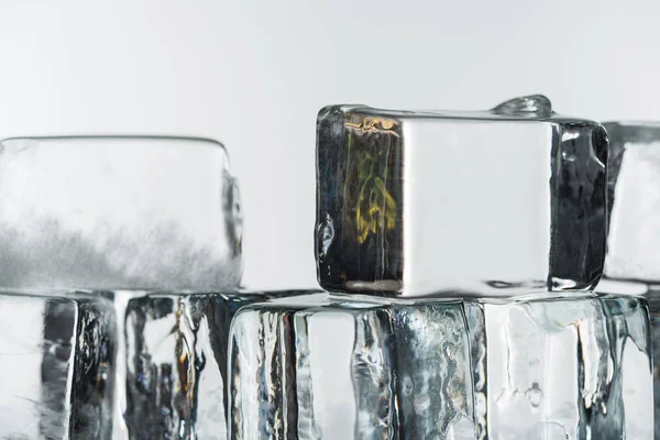 Близкий вид таяния прозрачных прозрачных квадратных кубиков льда, изолированных на белом — стоковое фото