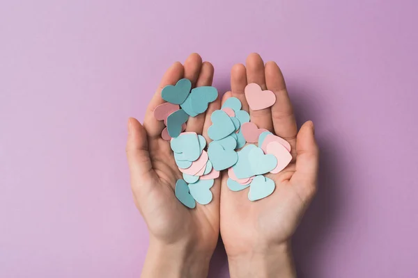 Vista recortada de la mujer sosteniendo corazones de papel de colores sobre fondo violeta - foto de stock