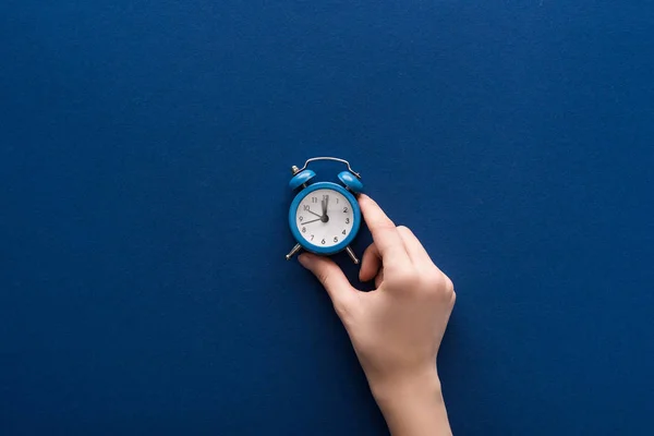 Corte vista de mulher segurando pequeno despertador no fundo azul — Fotografia de Stock