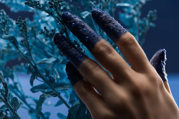Крупный план женской руки с мокрыми окрашенными пальцами рядом с синим растением — стоковое фото