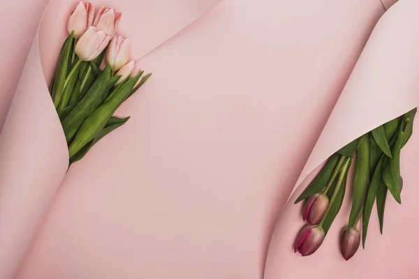 Вид сверху розовых и фиолетовых тюльпанов, завернутых в бумажные вихри на розовом фоне — стоковое фото