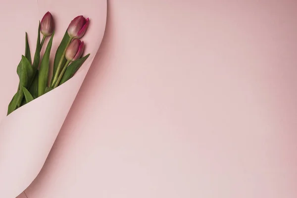 Vue du dessus des tulipes violettes enveloppées dans un tourbillon de papier sur fond rose — Photo de stock