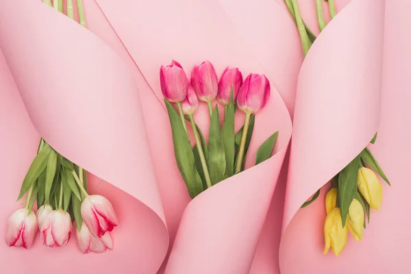 Vue de dessus des tulipes roses et jaunes enveloppées dans des tourbillons en spirale de papier sur fond rose — Photo de stock