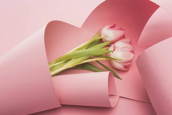 Blooming spring tulips wrapped in pink paper swirls — Stock Photo