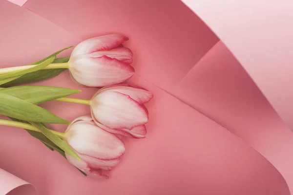 Top view of blooming spring tulips in pink paper swirls — Stock Photo