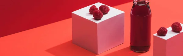 Suco de baga fresco em garrafa de vidro perto de framboesas maduras em cubos no fundo vermelho, tiro panorâmico — Fotografia de Stock