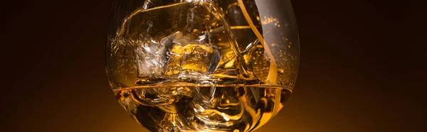 Transparent glass with ice cubes and vodka in dark with warm back light, panoramic shot — Stock Photo