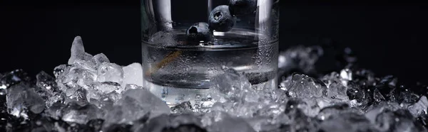 Transparent glass with vodka and blueberries near smashed ice isolated on black, panoramic shot — Stock Photo