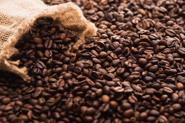 Вибірковий фокус свіжих смажених кавових зерен і мішка — стокове фото