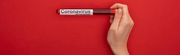 Top view of woman holding test tube with blood sample and coronavirus lettering on red background, panoramic shot — Stock Photo