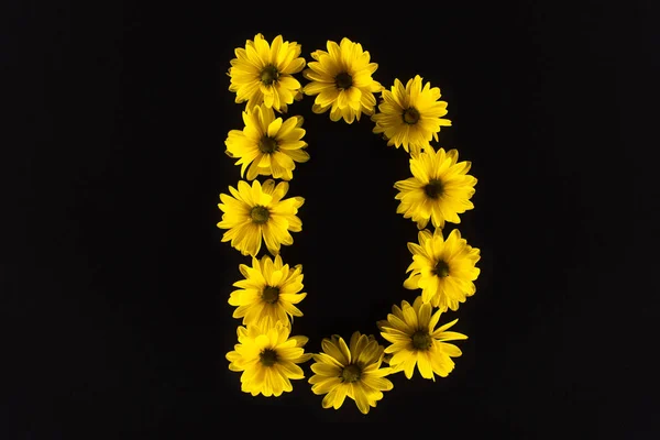 Vue de dessus des marguerites jaunes disposées en lettre D isolées sur noir — Photo de stock