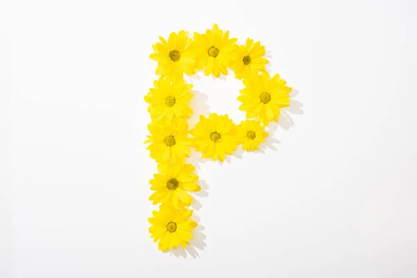 Top view of yellow daisies arranged in letter P on white background — Stock Photo