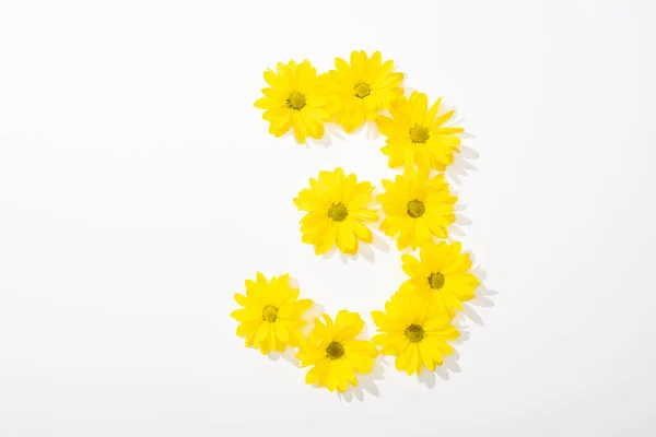 Top view of yellow daisies arranged in number 3 on white background — Stock Photo