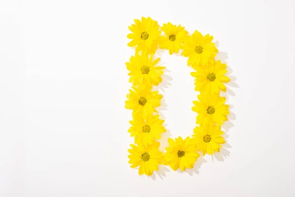 Top view of yellow daisies arranged in letter D on white background — Stock Photo