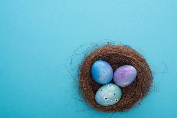 Vista superior do ninho com ovos de Páscoa roxos no fundo azul — Fotografia de Stock
