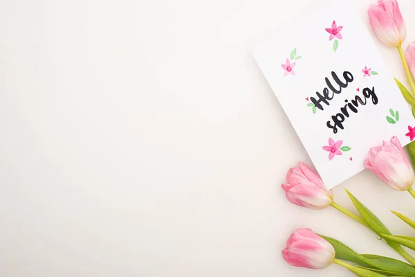 Вид зверху листівки з привітаннями з весняним написом і тюльпанами на білому тлі — стокове фото