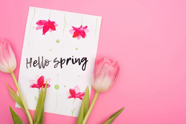 Top view of tulips and card with hello spring lettering on pink background — Stock Photo