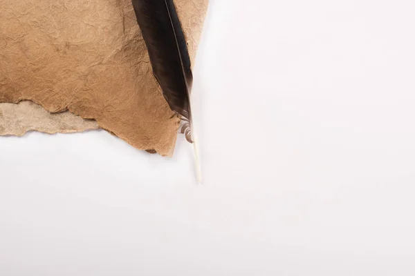 Vue de dessus du papier vieilli vintage et plume isolé sur blanc — Photo de stock