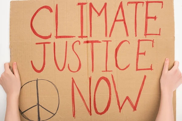 Vista cortada da mulher segurando cartaz com justiça climática agora lettering em fundo branco, conceito de aquecimento global — Fotografia de Stock