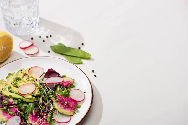 Свежий салат из редьки с зеленью и авокадо на тарелке на белой поверхности с водой — стоковое фото