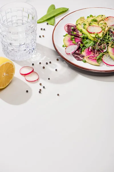 Fresh radish salad with greens and avocado on plate on white surface with water, lemon — Stock Photo