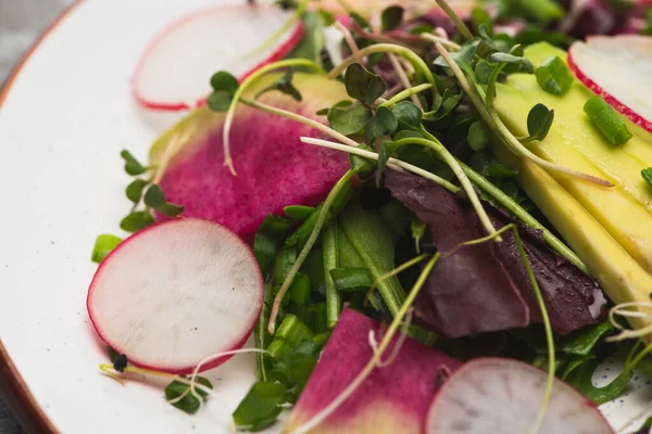 Vista de cerca de ensalada de rábano fresco con verduras y aguacate - foto de stock