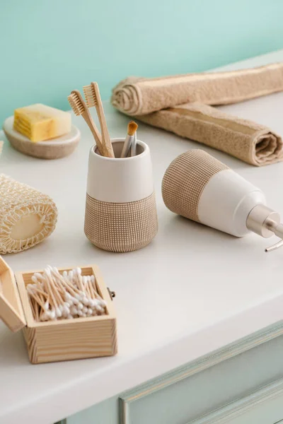 Different kinds of hygiene objects in bathroom, zero waste concept — Stock Photo