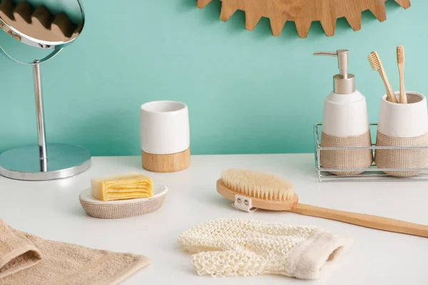 Different hygiene objects and mirror in bathroom, zero waste concept — Stock Photo