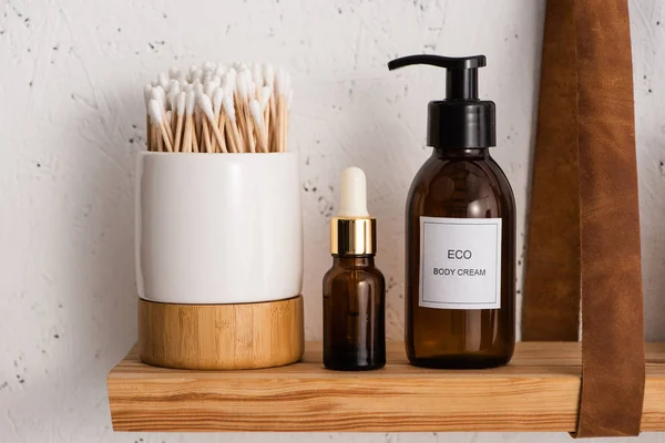 Close up view of cosmetic products on shelf in bathroom, zero waste concept — Stock Photo