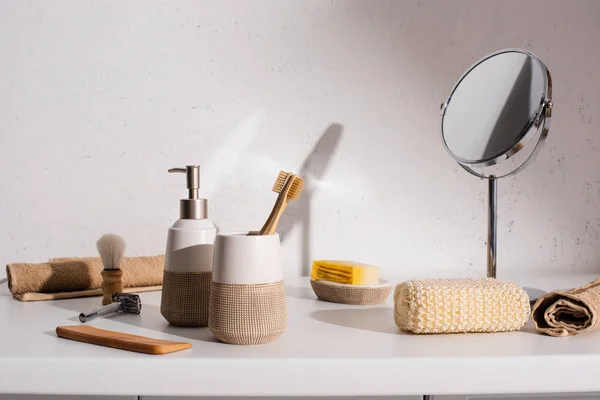 Various hygiene objects in bathroom, zero waste concept — Stock Photo