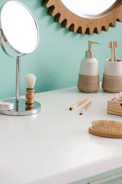 Various beauty and hygiene objects with round mirrors in bathroom, zero waste concept — Stock Photo