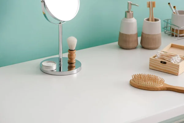 Various beauty and hygiene objects with round mirror in bathroom, zero waste concept — Stock Photo
