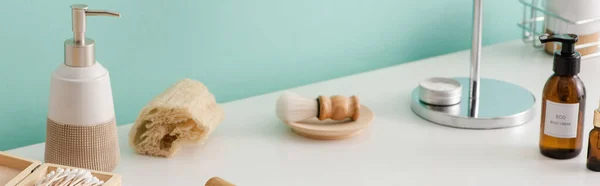 Panoramic view of different types of hygiene products in bathroom, zero waste concept — Stock Photo