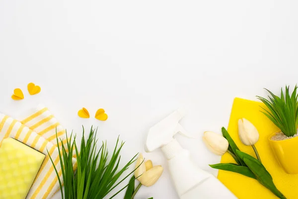 Top view of spring tulips and green plants near yellow cleaning supplies and hearts on white background — Stock Photo
