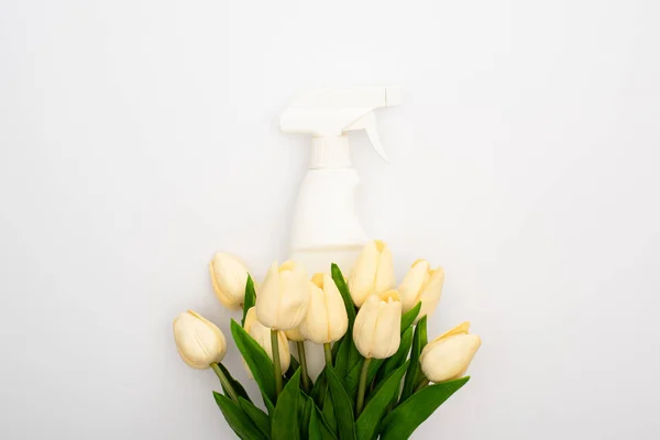 Vue du dessus des tulipes printanières et du flacon pulvérisateur sur fond blanc — Photo de stock
