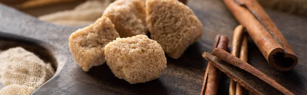 Close up view of fresh cinnamon sticks and brown sugar on wooden cutting board, panoramic shot — Stock Photo