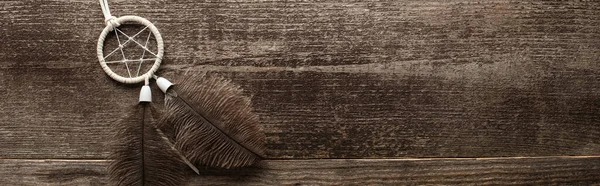 Vista superior do dreamcatcher com penas na superfície de madeira, tiro panorâmico — Fotografia de Stock