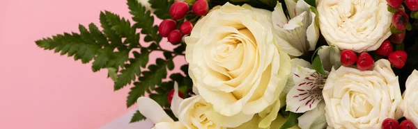 Panoramic shot of bouquet of flowers isolated on pink — Stock Photo